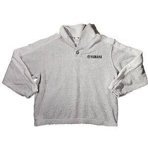 Yamaha Sweater Shawl Collar Gray Speck White Fleece Sleeve Stripe Spell Out Logo